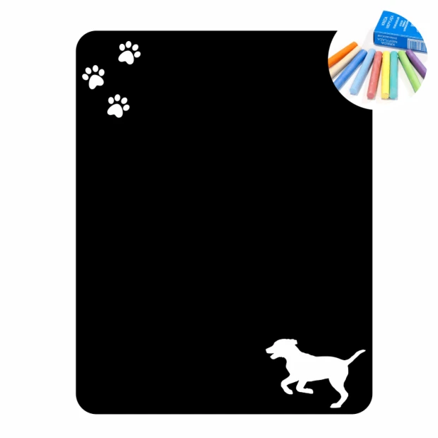 Chalk sticker dog 325 - Graphic design. Black surface with white dog outline and paw prints.