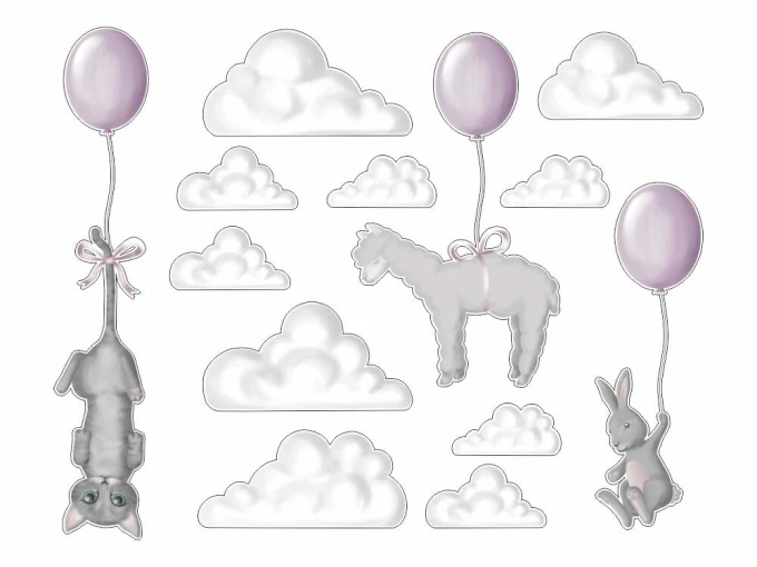 Wall stickers set animals 2464 - Features clouds, a cat, and a rabbit with balloons in a graphic design.