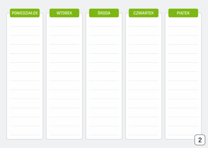 Weekly planner 400 dry-erase board - Graphic design. Simple structure with five columns for the days of the week. Green.