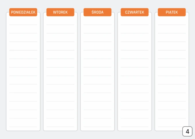 Weekly planner 400 dry-erase board - Graphic design. Simple grid with five columns for the days of the week.