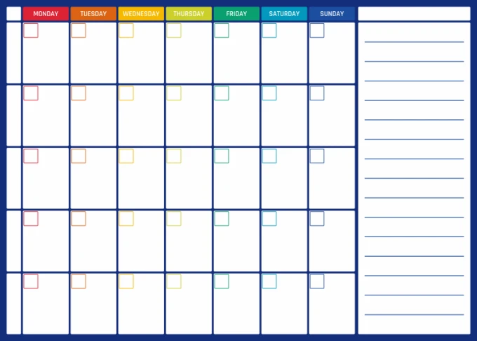 Weekly dry-erase planner in English, featuring a rectangular grid with days of the week and blank spaces.