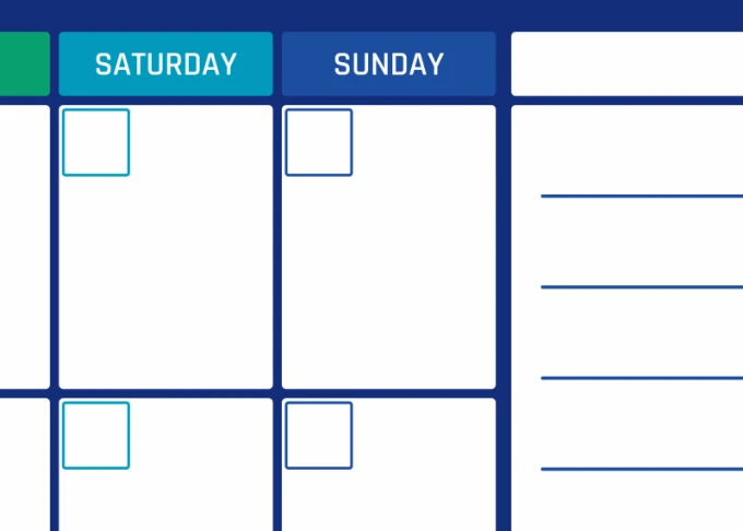 Weekly dry-erase planner in English, featuring a simple layout with rectangular boxes for each day of the week.