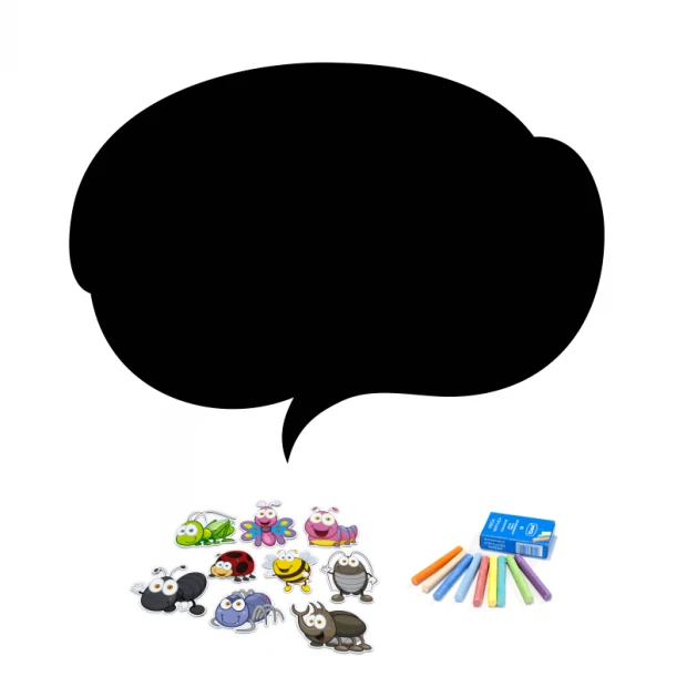 Chalkboard magnetic board with insect shapes in various colors and speech bubbles.