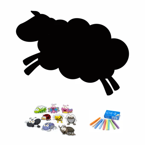 Chalkboard magnetic board sheep 348 - Cloud-shaped sheep with insects and crayons design.