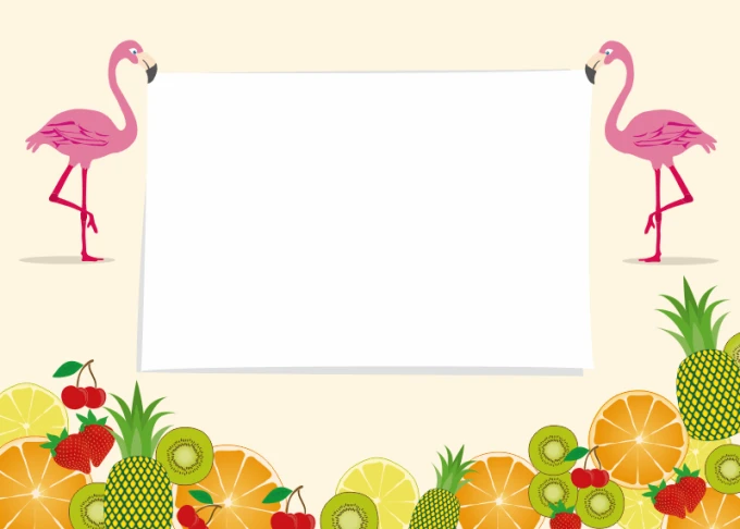 Magnetic whiteboard with flamingo design. Two flamingos hold a white sheet surrounded by fruits.
