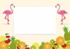 Magnetic whiteboard with flamingo design. Two flamingos hold a white sheet surrounded by fruits.