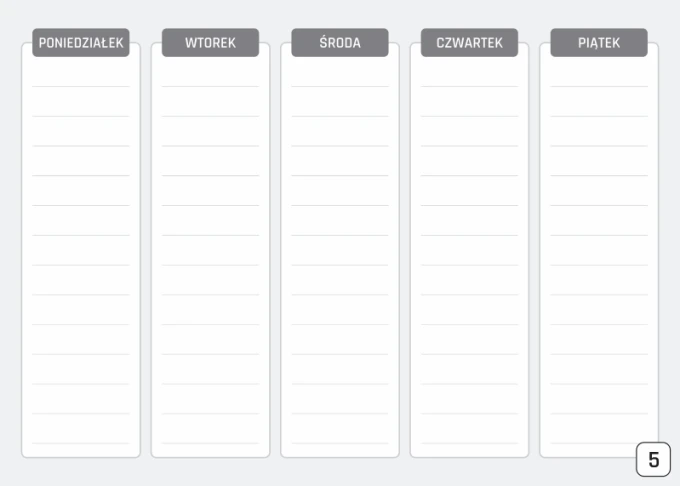Weekly planner magnetic whiteboard 400 - Graphic design. Simple grid with five columns for the days of the week.