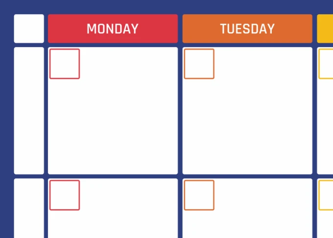 Weekly planner magnetic whiteboard in English, rectangular design with colorful graphics.