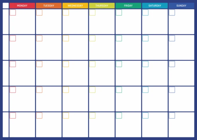 Magnetic dry-erase weekly planner board in English with colorful days of the week design.