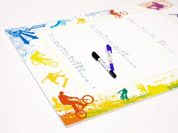 EDU dry-erase board for writing practice 020 - Graphic design with colorful silhouettes of people on bicycles on a white background.