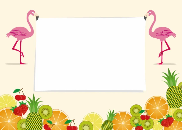 Flamingo dry-erase board 402 - Graphic design with two flamingos holding a white sheet surrounded by fruits.