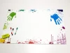 Magnetic whiteboard with colorful handprints and splashes on a white background.