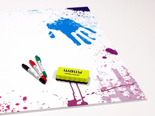 Magnetic whiteboard hands 065 - Graphic design with colorful spots on a white background.