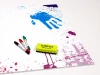 Magnetic whiteboard hands 065 - Graphic design with colorful spots on a white background.