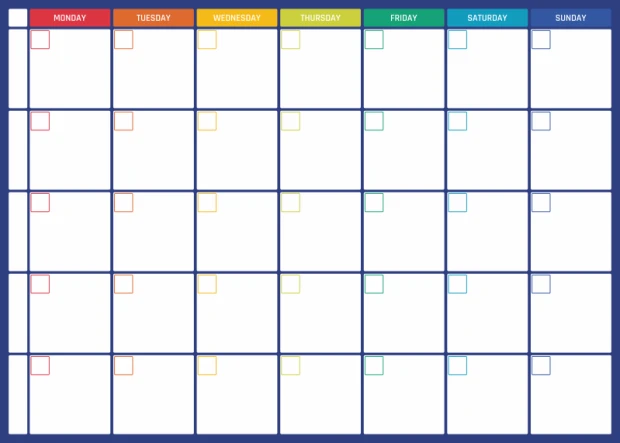 Weekly planner whiteboard with a colorful day header design. Perfect for organizing your week.