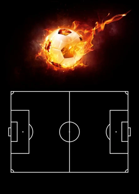 Magnetic dry-erase tactical board for soccer coaches - Graphic design featuring a soccer ball in flames over a diagram.