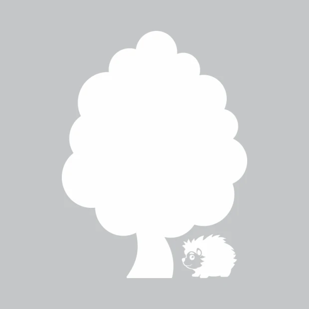 Dry-erase board with a hedgehog and a rounded tree crown graphic design.