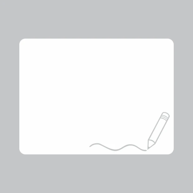 Dry-erase board with pencil graphic design. Simple shape with pencil drawing in the corner. Gray background.