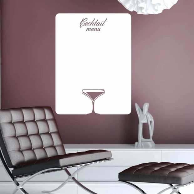 Cocktail menu dry-erase board 252 - Styled in a modern living room with dark purple walls.