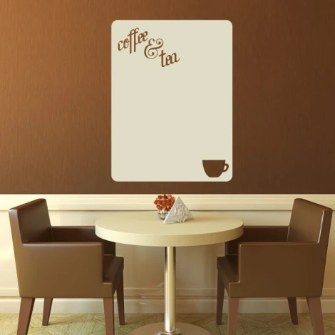 Dry-erase board coffee and tea menu 237 - Dining room setup with brown walls, round table, and chairs.