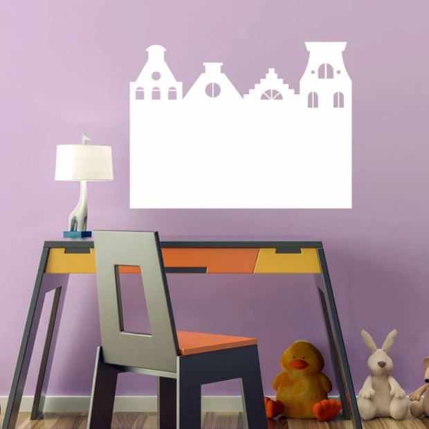 Dry-erase board with houses 243 - Decor in a children\'s room. Purple walls, desk with colorful accents.