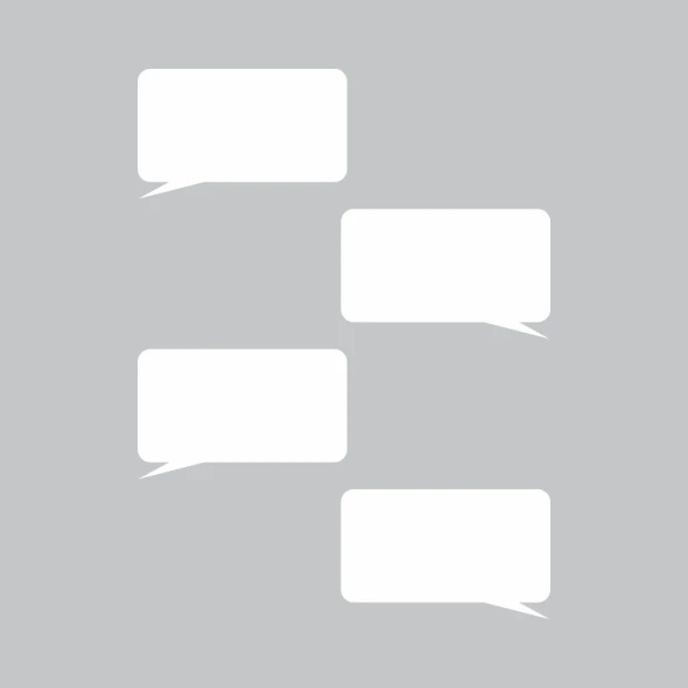 Dry-erase board with graphic design. Three speech bubbles in different shapes on a gray background.
