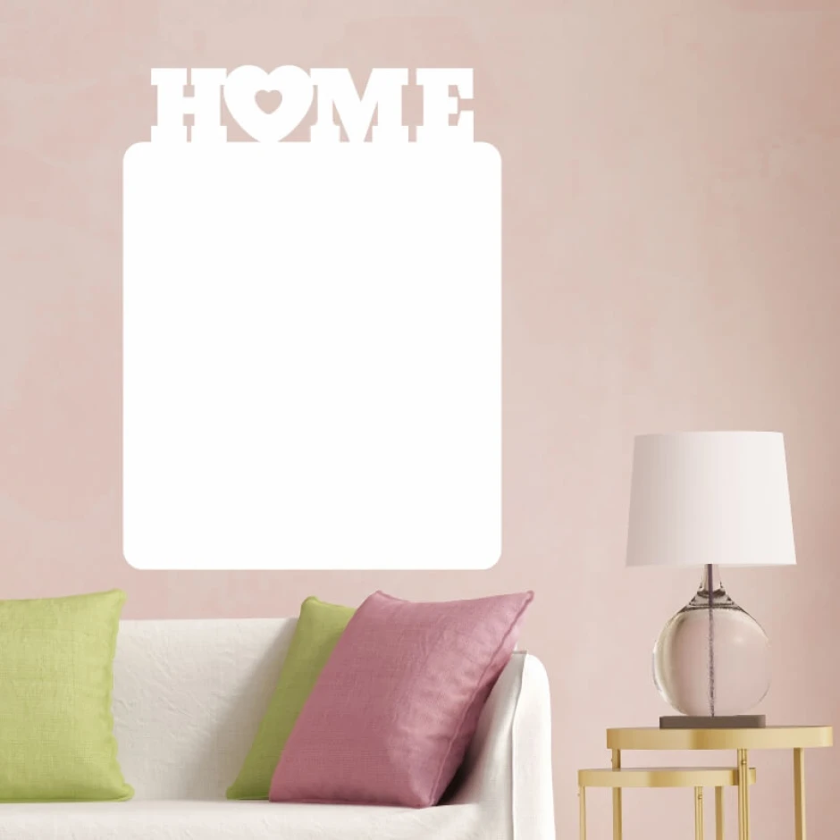 Dry-erase board home 238 - Living room setup with light walls and a sofa with green and pink cushions.