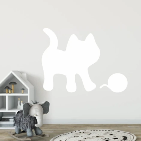 Cat-shaped white dry-erase board with a ball design on a light background.