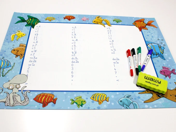 Magnetic dry-erase board for writing practice 024 - Features a graphic design with fish and octopus on a blue background.