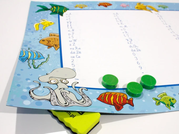 Magnetic dry-erase writing board 024 - Graphic design with fish, octopus, and numbers on a blue background.