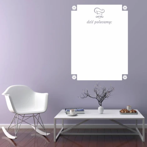 Dry-erase board recommended for living room setup. Light purple walls and minimalist furniture.