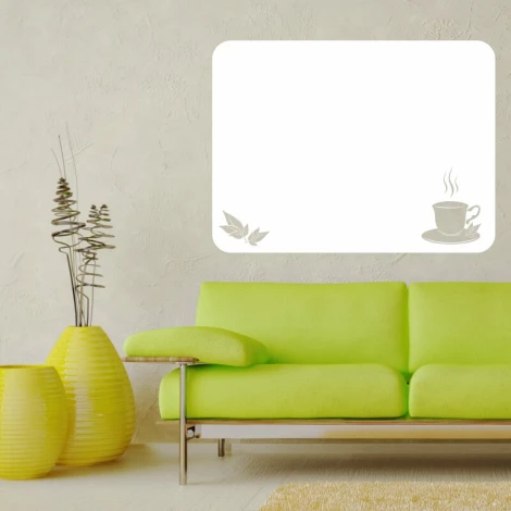 Dry-erase board tea 318 - Living room setup with light walls, green sofa, and modern accents.
