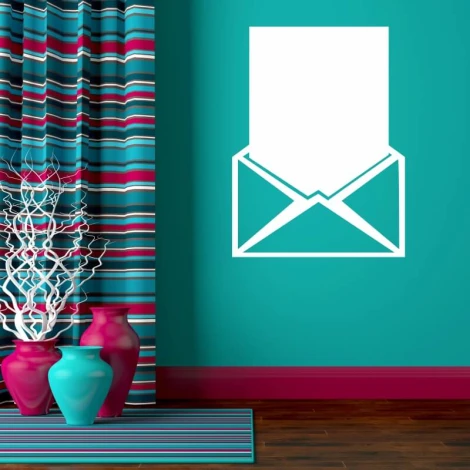 Dry-erase board with a list in an envelope 345 - Styled in a room with bold walls and striped curtains.