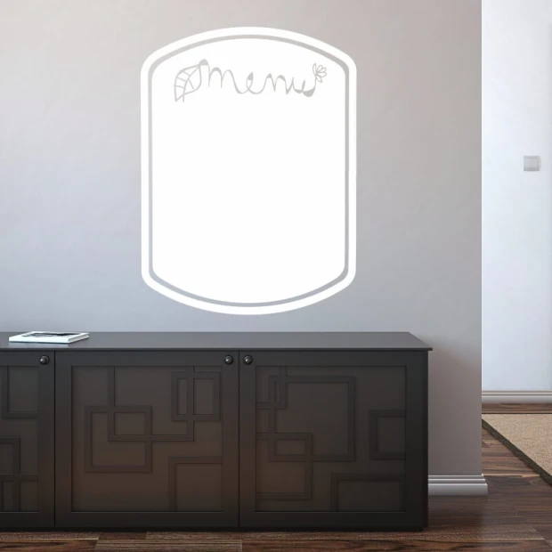 Dry-erase menu board 277 - Styled in a modern interior with light-colored walls and black furniture.