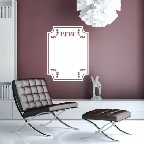 Dry-erase menu board 278 - Styled in a modern room with dark purple walls.