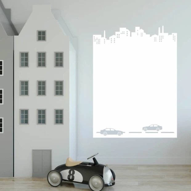Dry-erase board city, cars 313 - Decor in a children\'s room. Light-colored walls, modern furniture.