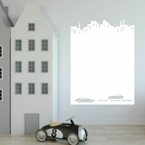 Dry-erase board city, cars 313 - Decor in a children\'s room. Light-colored walls, modern furniture.