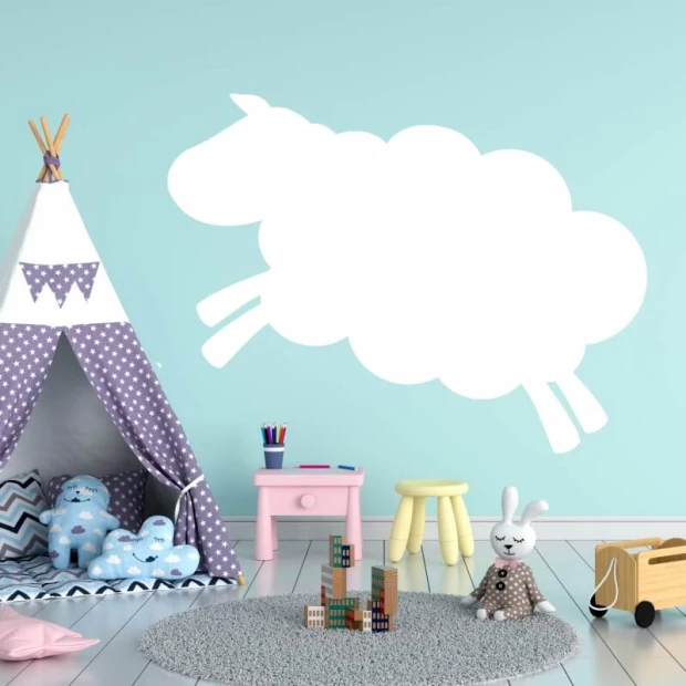 Dry-erase board sheep 348 - Decorated in a children\'s room with light walls, a tent, and colorful furniture.