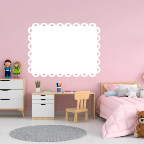 Heart-shaped whiteboard 287 - Decor in a children\'s room with pink walls and light-colored furniture.