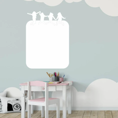 Dry-erase board with jumping figures 314 - Decor for a children\'s room. Light-colored walls with clouds.
