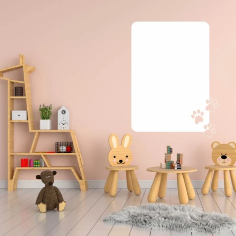 Dry-erase board with cat prints 309 - Decor for a child\'s room. Pink walls and light wood furniture.