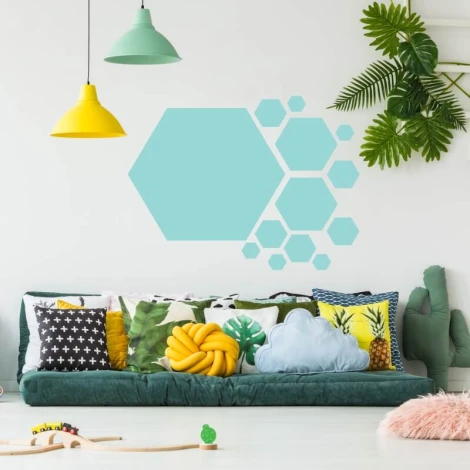 Hexagon dry-erase board 290 - Living room setup with light-colored walls and a sofa with assorted cushions.
