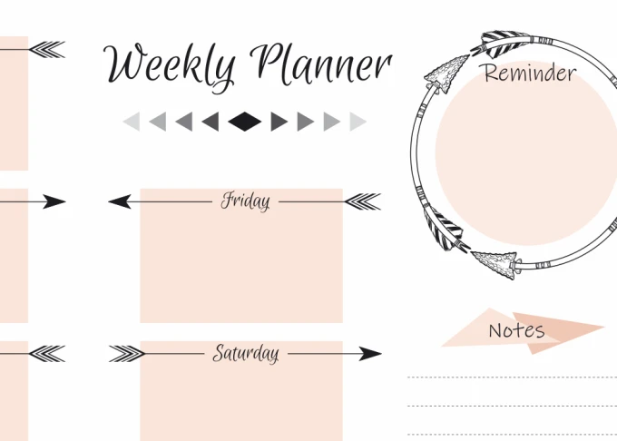Magnetic dry-erase board Weekly Planner 405 - Features arrows, circles, and note fields in a graphic design.
