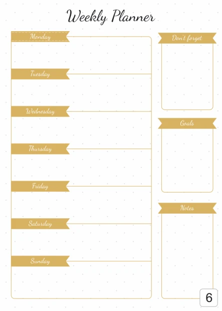Magnetic dry-erase weekly planner 407 - Graphic design with a white background, subtle dots, and gold stripes.