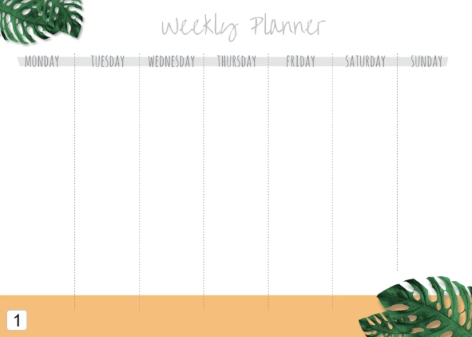 Magnetic dry-erase weekly planner 409 with a graphic design featuring days of the week and leaves on a white background.