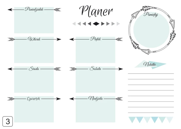 Weekly planner whiteboard 406 - Graphic design. Simple layout with fields for days of the week and arrows.