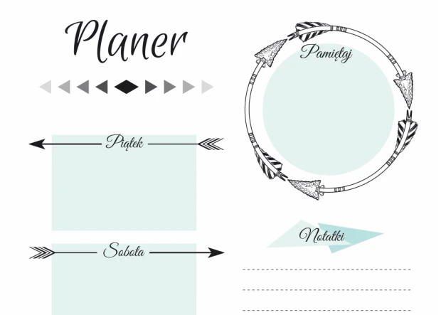 Weekly planner whiteboard 406 - Graphic design with arrows and a circle for notes.