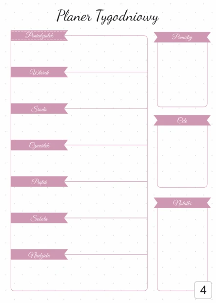 Weekly planner whiteboard 408 - Graphic design. Simple layout with pink banners for days of the week and sections.