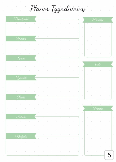 Weekly planner whiteboard 408 - Graphic design. Simple grid with fields for days of the week and notes. Green.