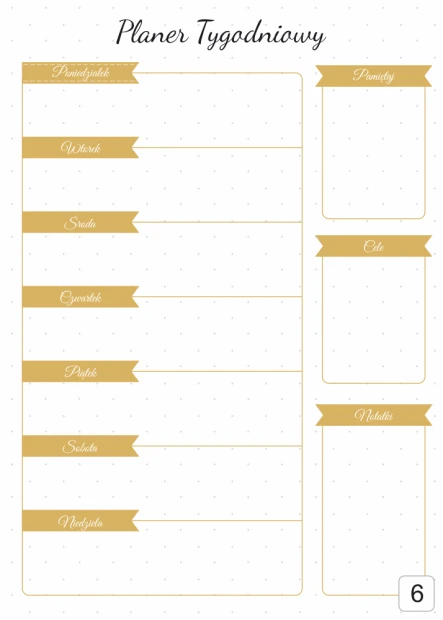 Weekly planner whiteboard 408 - Graphic design. Rectangular fields with gold headers on a white background.